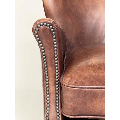 121 - 'LITTLE PROFESSOR' ARMCHAIR, 75cm H x 68cm W, 'Halo' tan leather and closed nailed with rounded back... 