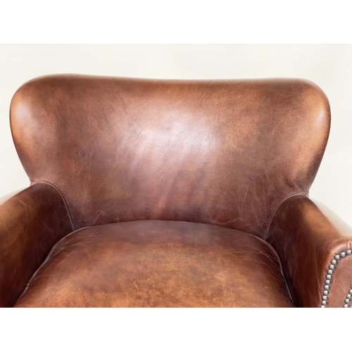 121 - 'LITTLE PROFESSOR' ARMCHAIR, 75cm H x 68cm W, 'Halo' tan leather and closed nailed with rounded back... 