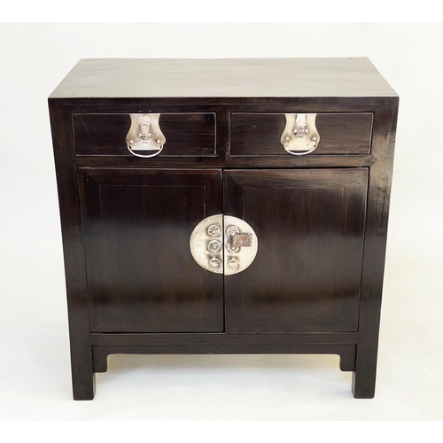 CHINESE CABINET, black lacquered and silvered metal mounted with two drawers  and two doors, 86cm  x 48cm D x 88cm H.