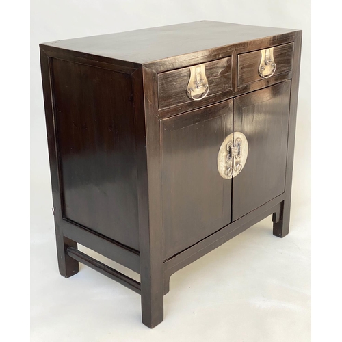 123 - CHINESE CABINET, black lacquered and silvered metal mounted with two drawers  and two doors, 86cm  x... 