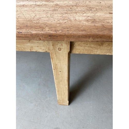 128 - WORK ROOM TABLE, 20th century broad plank mahogany above six square section supports, 307cm x 107cm ... 