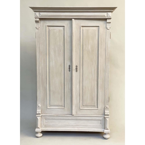 129 - ARMOIRE, 19th century French traditionally grey painted with two panelled doors enclosing hanging sp... 