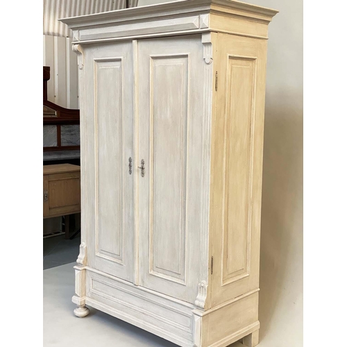 129 - ARMOIRE, 19th century French traditionally grey painted with two panelled doors enclosing hanging sp... 