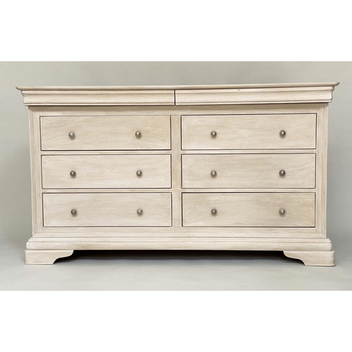 132 - LOW CHEST, French style traditionally grey painted with two frieze drawers above six drawers, 160cm ... 