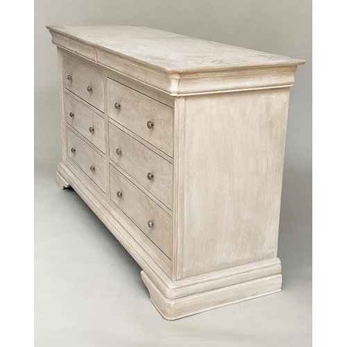 132 - LOW CHEST, French style traditionally grey painted with two frieze drawers above six drawers, 160cm ... 