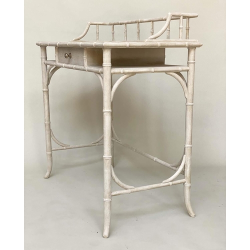 133 - FAUX BAMBOO WRITING TABLE, Regency style, grey painted with gallery and frieze drawer, 87cm x 47cm x... 