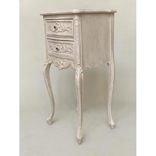 135 - BEDSIDE CHESTS, a pair, French Louis XV style traditionally carved and grey painted each with two dr... 