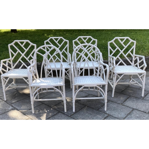 136 - DINING ARMCHAIRS, six, bamboo and cane bound with lattice backs, 45cm W. (6)