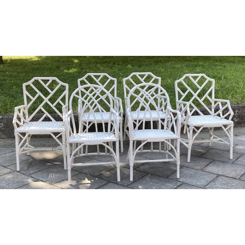 136 - DINING ARMCHAIRS, six, bamboo and cane bound with lattice backs, 45cm W. (6)