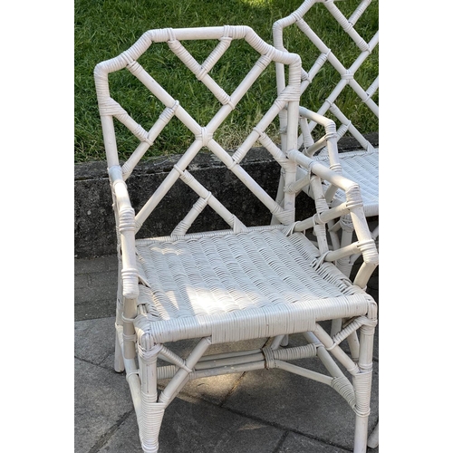 136 - DINING ARMCHAIRS, six, bamboo and cane bound with lattice backs, 45cm W. (6)