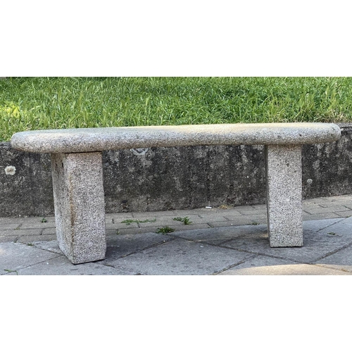 145 - GARDEN SEAT, weathered reconstituted stone of arched form with block supports, 120cm x 45cm H.