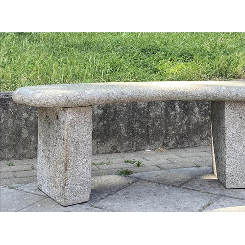 145 - GARDEN SEAT, weathered reconstituted stone of arched form with block supports, 120cm x 45cm H.