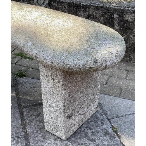 145 - GARDEN SEAT, weathered reconstituted stone of arched form with block supports, 120cm x 45cm H.