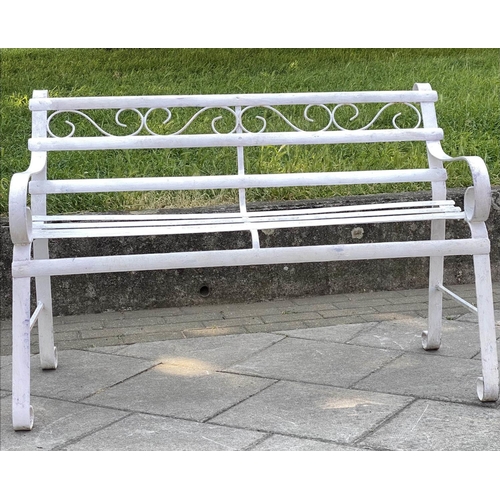 146 - GARDEN BENCH, antique wrought iron and white painted with slatted back and seat and scroll arms, 120... 