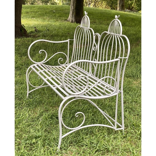 150 - FOLDING GARDEN BENCH, painted wrought iron with raised back and scroll arms, 112cm W.