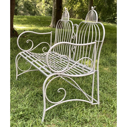 150 - FOLDING GARDEN BENCH, painted wrought iron with raised back and scroll arms, 112cm W.