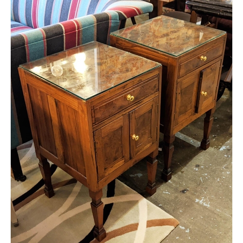 174 - BEDSIDE CABINETS, a pair, antique walnut and olive wood, each with drawer and two doors, 39cm x 40cm... 