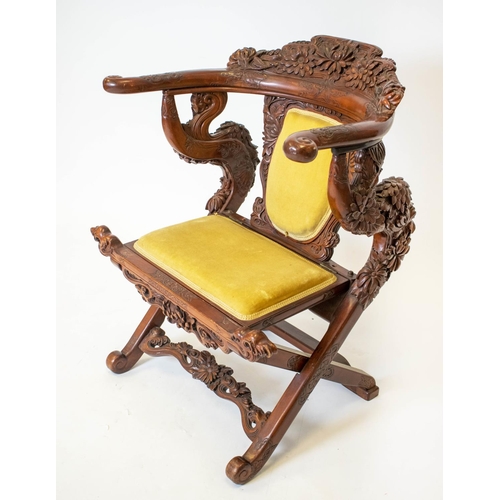 178 - TEMPLE ARMCHAIR, 90cm H x 76cm W, early 20th century Chinese lacquer and yellow velvet.