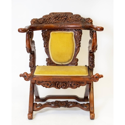 178 - TEMPLE ARMCHAIR, 90cm H x 76cm W, early 20th century Chinese lacquer and yellow velvet.