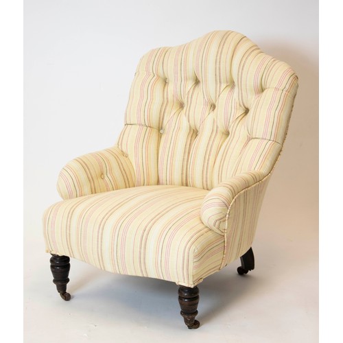 179 - SLIPPER CHAIR, 90cm H x 67cm W, Victorian beechwood in striped cream upholstery on castors.