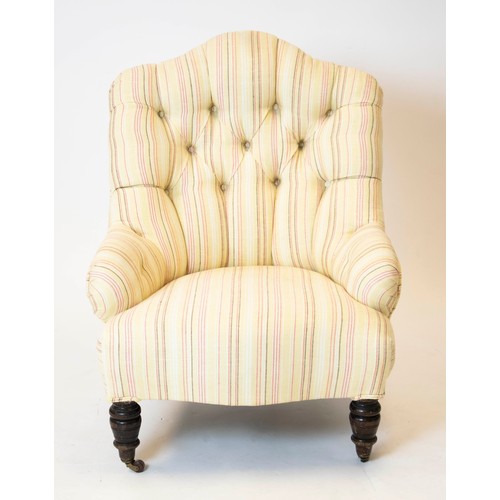 179 - SLIPPER CHAIR, 90cm H x 67cm W, Victorian beechwood in striped cream upholstery on castors.