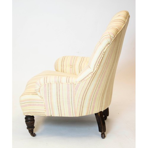 179 - SLIPPER CHAIR, 90cm H x 67cm W, Victorian beechwood in striped cream upholstery on castors.