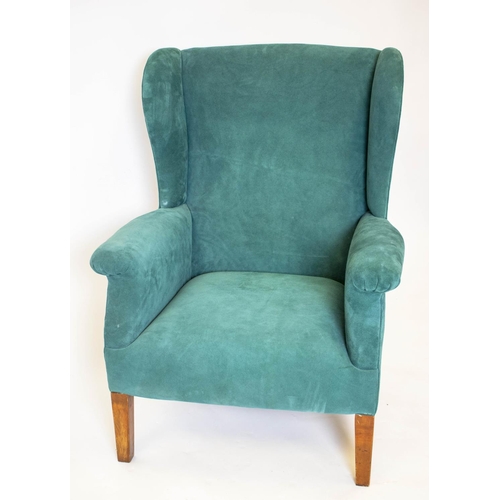 180 - WING ARMCHAIR, 98cm H x 76cm W, turquoise blue alcantara upholstered.