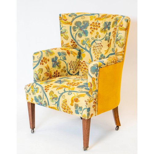 183 - WING ARMCHAIR, 95cm H x 67cm W, Edwardian mahogany in vine patterned upholstery and yellow velvet on... 