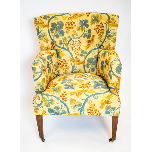 183 - WING ARMCHAIR, 95cm H x 67cm W, Edwardian mahogany in vine patterned upholstery and yellow velvet on... 