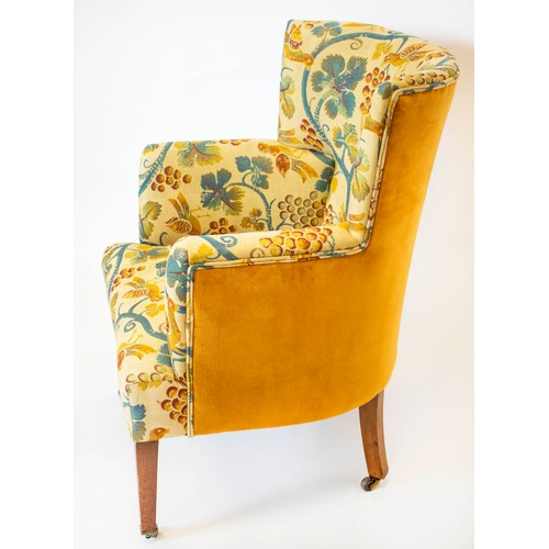 183 - WING ARMCHAIR, 95cm H x 67cm W, Edwardian mahogany in vine patterned upholstery and yellow velvet on... 