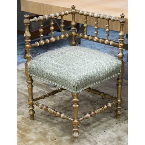 186 - CORNER CHAIR, 77cm H x 66cm W x 71cm D, 19th century giltwood with green upholstery.