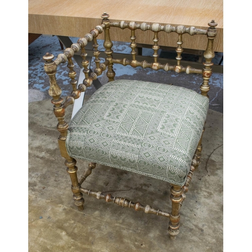 186 - CORNER CHAIR, 77cm H x 66cm W x 71cm D, 19th century giltwood with green upholstery.