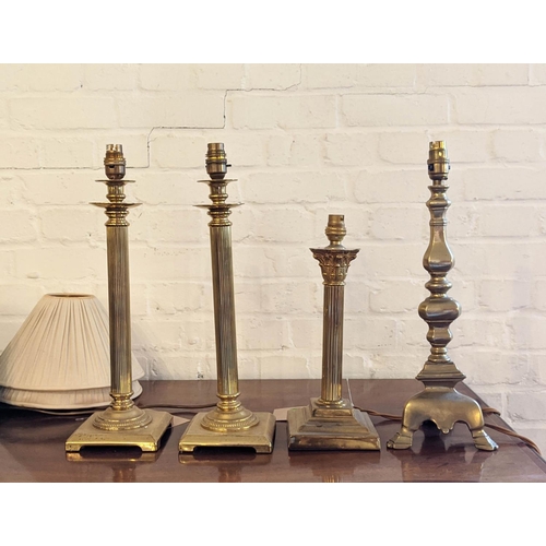 189 - BRASS LAMPS, a pair, each 46cm H including fitting (plugs lacking) and a smaller column lamp 36cm H ... 