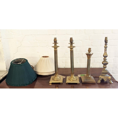 189 - BRASS LAMPS, a pair, each 46cm H including fitting (plugs lacking) and a smaller column lamp 36cm H ... 