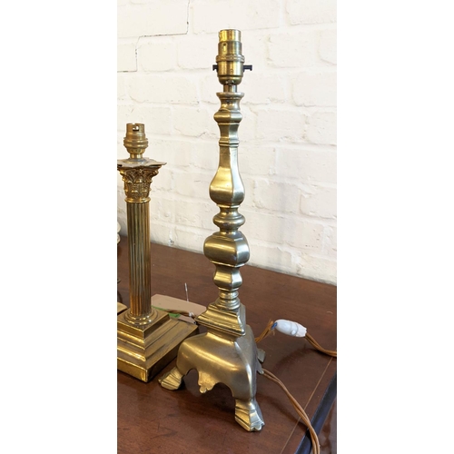 189 - BRASS LAMPS, a pair, each 46cm H including fitting (plugs lacking) and a smaller column lamp 36cm H ... 