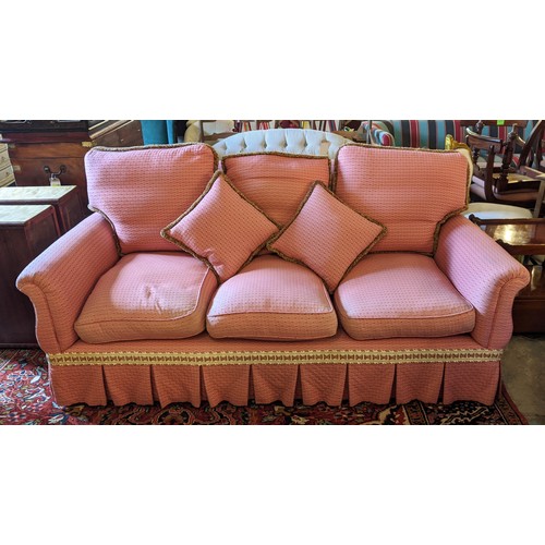 191 - SOFA, country house style in pink patterned fabric with tufted detail, 205cm x 107cm.