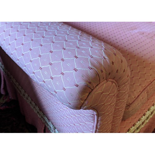 191 - SOFA, country house style in pink patterned fabric with tufted detail, 205cm x 107cm.