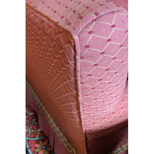 191 - SOFA, country house style in pink patterned fabric with tufted detail, 205cm x 107cm.