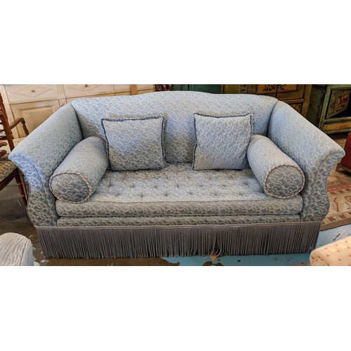 192 - SOFA, in a blue pattern fabric with a buttoned seat, 190cm x 110cm.