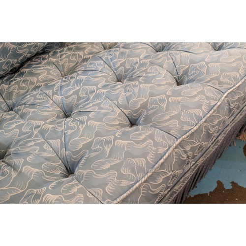 192 - SOFA, in a blue pattern fabric with a buttoned seat, 190cm x 110cm.