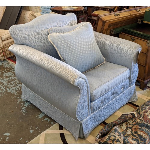 193 - ARMCHAIRS, a pair, each 100cm x 95cm, in similar shade but differently patterned blue  fabric to pre... 