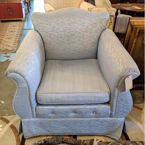 193 - ARMCHAIRS, a pair, each 100cm x 95cm, in similar shade but differently patterned blue  fabric to pre... 