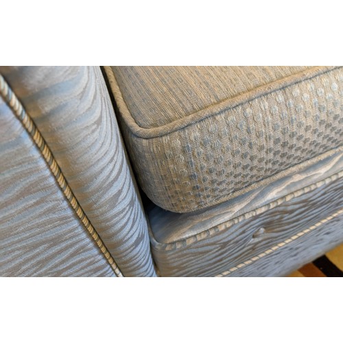 193 - ARMCHAIRS, a pair, each 100cm x 95cm, in similar shade but differently patterned blue  fabric to pre... 