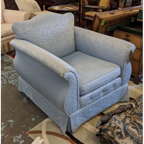 193 - ARMCHAIRS, a pair, each 100cm x 95cm, in similar shade but differently patterned blue  fabric to pre... 