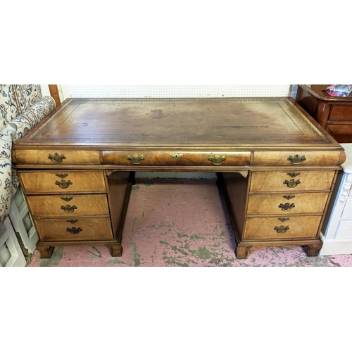 195 - PEDESTAL DESK, Georgian style walnut with an inlaid tooled leather top and five drawers including sh... 