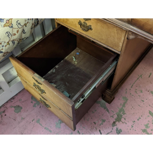 195 - PEDESTAL DESK, Georgian style walnut with an inlaid tooled leather top and five drawers including sh... 