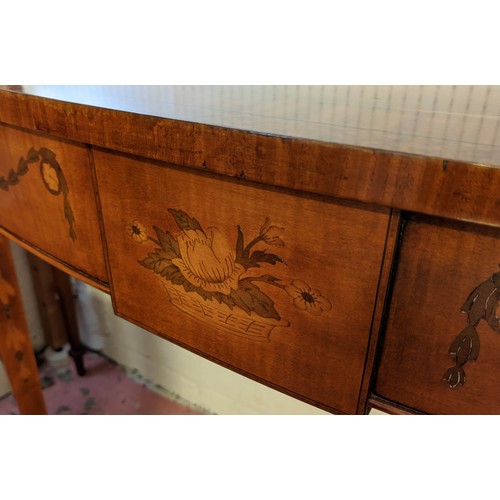 198 - CONSOLE TABLE, of demi lune form with inlaid floral detail, 161cm x 47cm.