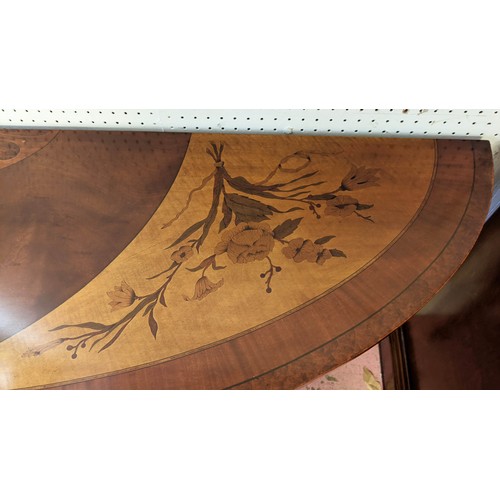 198 - CONSOLE TABLE, of demi lune form with inlaid floral detail, 161cm x 47cm.