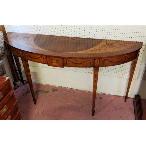 198 - CONSOLE TABLE, of demi lune form with inlaid floral detail, 161cm x 47cm.