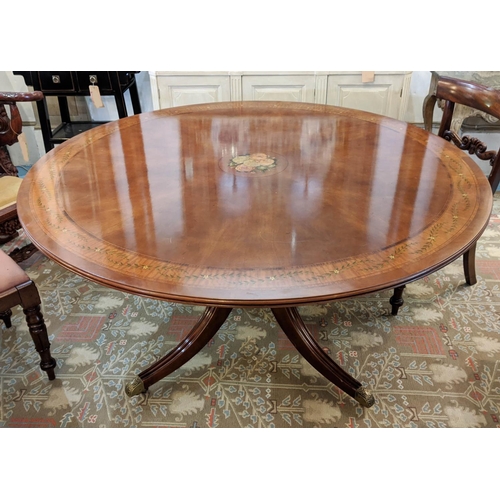 199 - DINING TABLE, the circular top with inlaid and painted floral border, 155cm W.